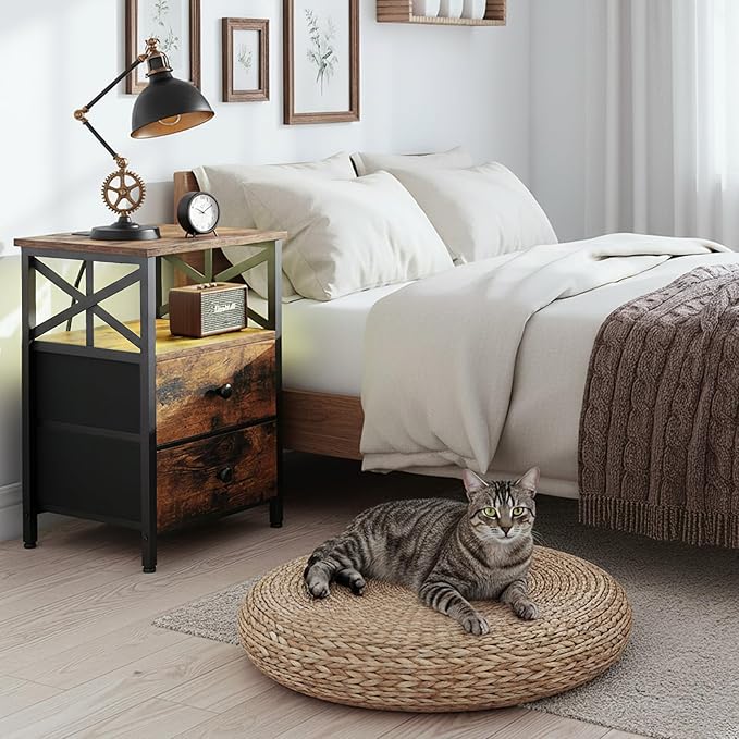 AMHANCIBLE Night Stand Set 2, LED Nightstand with Charging Station, End Tables Living Room with Fabric Drawers, Bed Side Table for Bedroom, Rustic Brown, HET052LBR