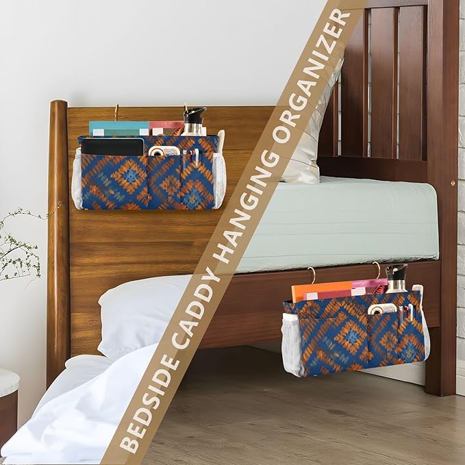 Bedside Caddy Hanging Bunk Bed Caddy Bed Organizer Hanging Pocket with 2 Hooks Bedside Storage Organizer Pocket Bag Holder Blue Orange Diamond Tie-dye