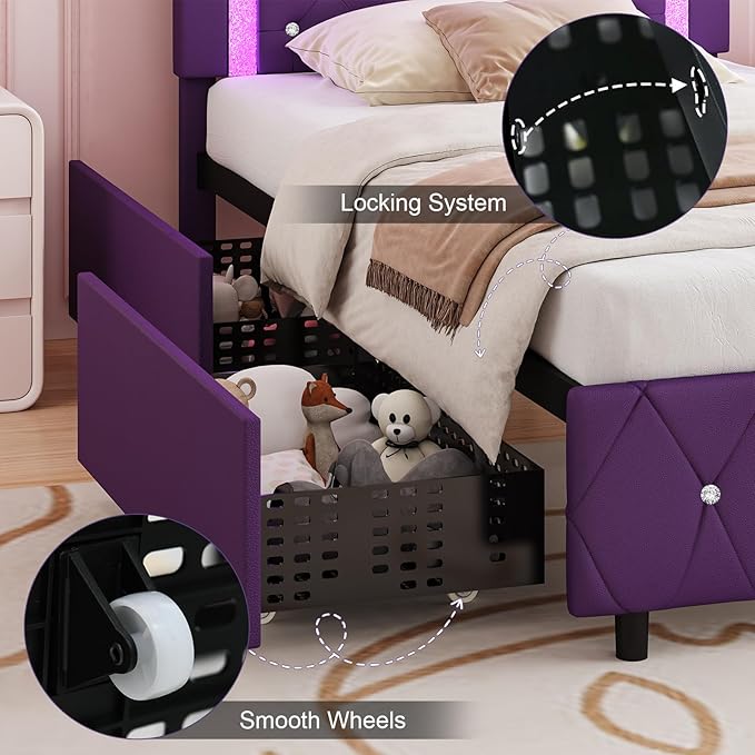 Twin Bed Frames with Storage Drawers and LED Lights, Upholstered Bed with Crystal Tufted Headboard, Princess Platform Bed with Wooden Slats Support, No Box Spring Needed, Purple