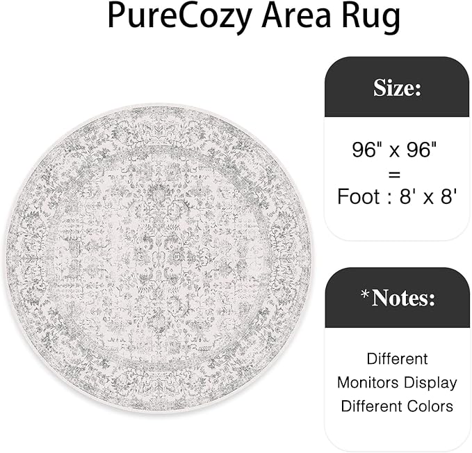 Grey Round Area Rug 8ft Entryway Door Mat Small Circle 8x8 Kitchen Vintage Carpet Non Slip Indoor Bedroom Washable Distressed Floral Retro Accent Throw Rug Office Bathroom