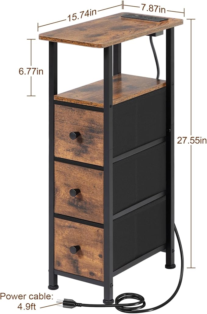 LOAKEKEL Narrow End Table Living Room with Charging Station, Skinny Side Table with Fabric Drawers, Slim Nightstand for Bedroom, Small Spaces, Couch, Brown, HETNDP03BR-1