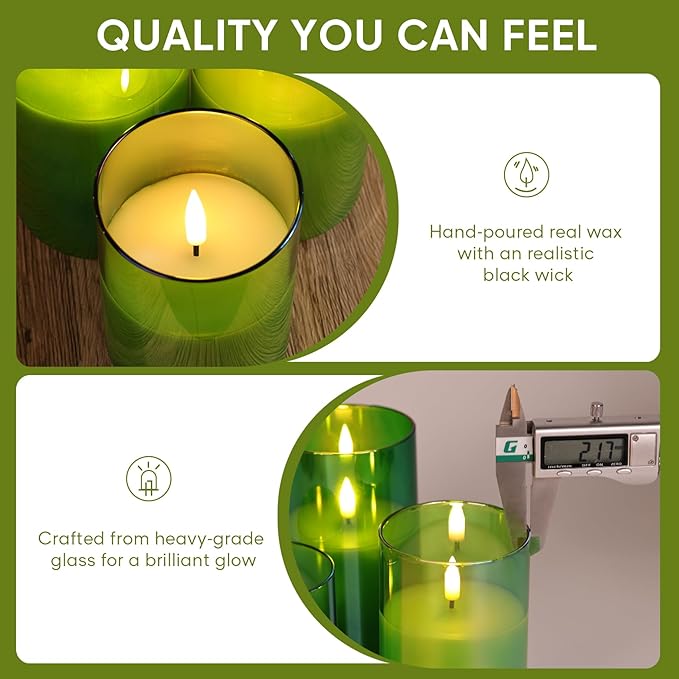 Eywamage Green Glass Flameless Pillar Candles with Remote, Flickering Christmas Battery LED Candles Holiday Decor Set of 3