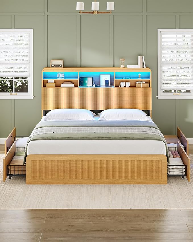 AOGLLATI Full Size Bed Frame with 4 Storage Drawers and Hidden Storage Headboard, Wood Led Fluted Bed Frame Full Size with Charging Station and Curved Profile Design, No Box Spring Needed, Wood
