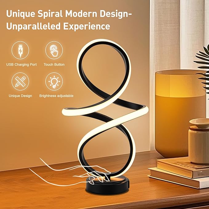 Mayful Modern Spiral Table Lamp, Bedside Lamp with USB C & A Ports, Touch Control Dimmable with 3 Color Temperatures,Unique LED Lamp for Nightstand Bedroom Office Living Room, Black