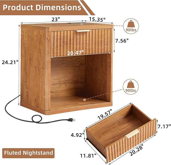 LEYAOYAO Fluted Nightstand with Charging Station, 23" Wide 1 Drawers End Table,Brown Night Stand with Open Storage Cabinet, Farmhouse Bed Side Tables, Wood Dresser for Bedroom, Living Room, Closet