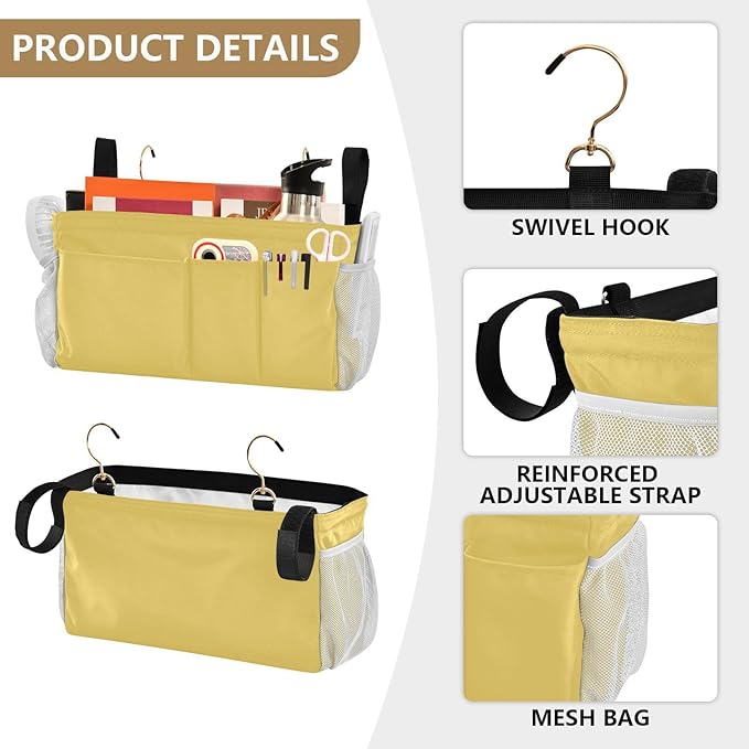 KOPIRIT Lemon Yellow Bedside Caddy Storage Bag Bedside Organizer for Dorm Room Top Bunk Bed Hanging Bag Bedside Shelf 6 Pockets with Hooks for Glasses Book Tablet Holder