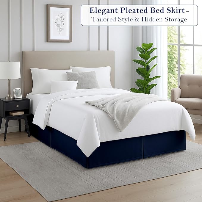 Full Bed Skirt, Luxury 24 Inch Drop Navy Blue Pleated Bed Skirt, Double Brushed Microfiber, Box Pleat Design, Wrinkle & Fade Resistant, Easy Fit Tailored Bedskirt for Full Size Beds