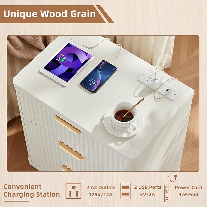 LEYAOYAO 48" Wide Fluted Dresser and 3 Drawers 23" Nightstand Set of 2,Wooden Dresser & Night Stand with Charging Station, 3 Piece Bedroom Furniture Set,Chest of Drawer for Living Room,Antique White