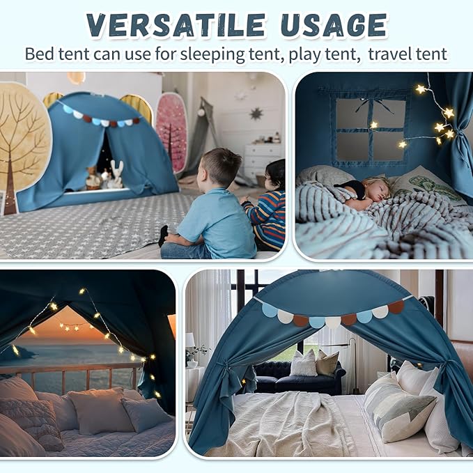 Razee Full Size Bed Canopy for Kids, Toddler Bed Tent Dream Playhouse Privacy Floor Sleeping Tents Indoor Under Bunk Bed Tent with Pennant Banners, Kid House Toys for Boys Girl Birthday Gift
