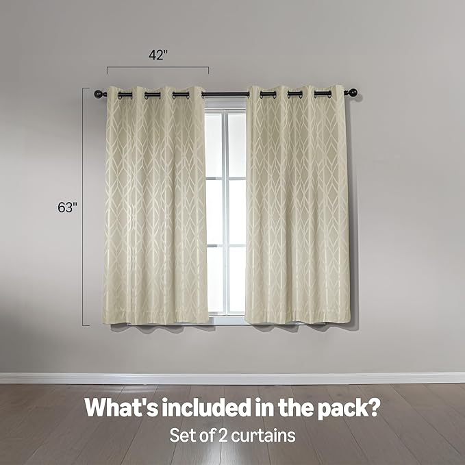 Amazon Basics Jacquard 2-Piece 100% Blackout Curtains, Living Room and Bedroom Drapes, Thermal Insulated Window Treatment, 42"x63", Beige