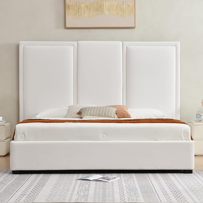 YUHUASHI King Size Bed Frame with 64-inch High Headboard, Simple and Airy Linen Upholstered Platform Bed with Storage Drawers, Wood Slat, No Noise (White, King (U.S. Standard))