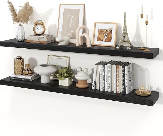Floating Shelves for Wall, 9.3" Deep Wall Mounted Wood Shelves for Bathroom, Bedroom, Living Room, Kitchen, Hanging Shelf for Books/Storage/Room Decor (Black, 55")
