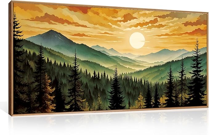 LHIUEM Large Boho Sunset Mountain Framed Canvas Wall Art,Retro Pine Tree Wall Decor,Nature Foggy Forest Wall Painting,Bohemian Landscape Artwork for Living Room,Bedroom,Dining Room,Office -20"x40"x1