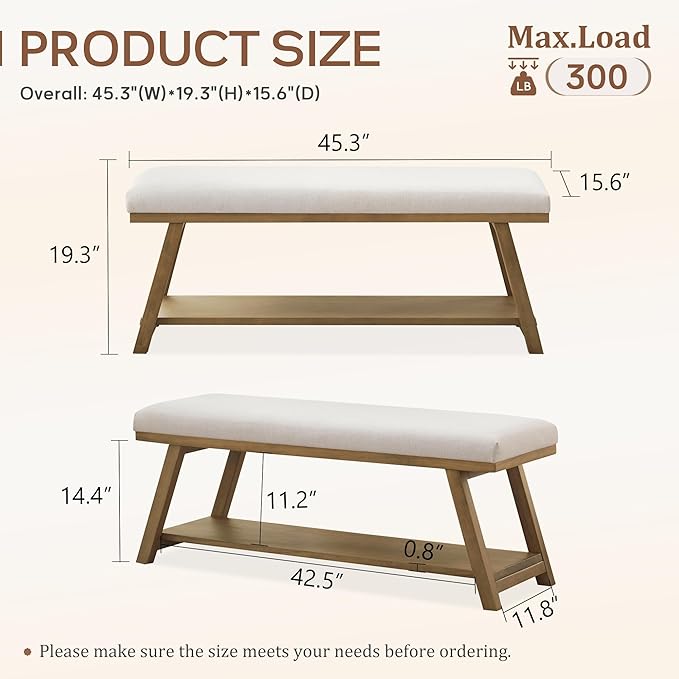 45" Entryway Bench Upholstered Storage Bench for Bedroom Shoe Rack Bench for Living Room, Hallway, Mudroom, Balcony, Sturdy Indoor Bench Seat Holds Up to 300 lbs (Beige)
