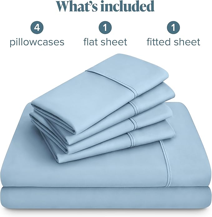 Bare Home Hotel Luxury Full XL Sheet Set, Extra Soft - 6 Piece Set - Deep Pockets - Easy Fit - Cooling & Breathable - Wrinkle, Fade, Stain Resistant - Includes 4 Pillowcases (Full XL, Light Blue)