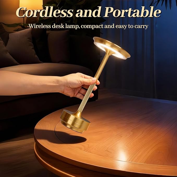 2 Pack Cordless Table Lamp Rechargeable, Portable Battery Powered USB Desk Lamp, 3 Color Dimming LED Table Light with Touch Control, for Bedroom/Restaurant/Office/Outdoor(Gold)