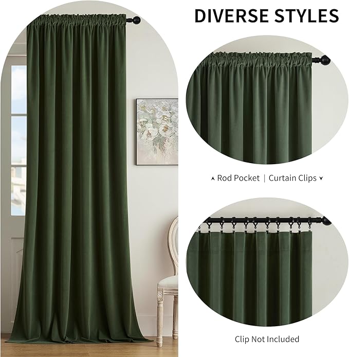 Joydeco Olive Green Velvet Curtains 72 inch Length 2 Panels, Luxury Blackout Rod Pocket Thermal Insulated Window Curtains, Super Soft Room Darkening Drapes for Living Room Bedroom,W52 x L72 inches