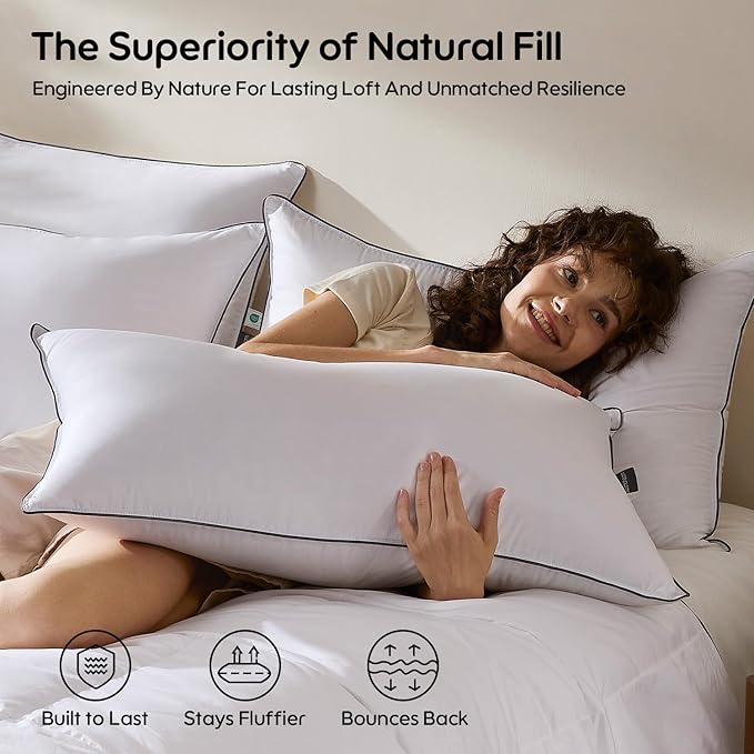 Goose Feather Down Fiber Standard Pillow Single Pack, Luxury 3-Chamber Pillows with Soft & Down-Proof Cover, Fluffy Plush Hotel Bed Pillows for Side, Back & Stomach Sleepers, 20"x26"