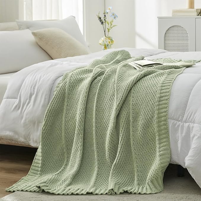 Amélie Home Chevron Chenille Knit Throw Blanket for Couch, Cozy Texture Decorative Soft Blanket for Sofa & Chair, 60"x80", Sage Green