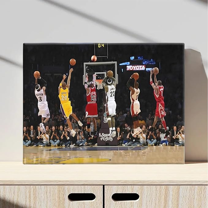 Basketball Legends Canvas Wall Art Print Poster, Iconic Sports Stars Shooting Inspirational Picture, Motivational Photography Wall Decor for Gym Dorm Home Office Living Room Bedroom, Framed 16x20inch