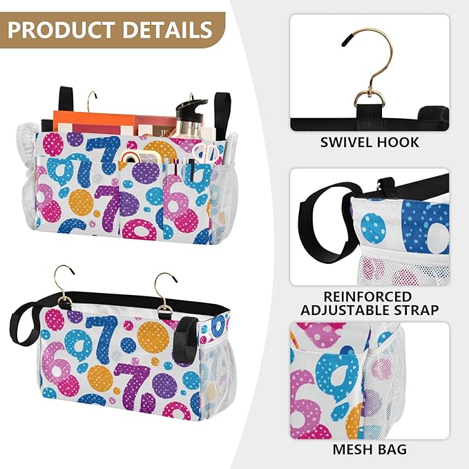 Bedside Caddy Hanging Bunk Bed Caddy Bed Organizer Hanging Pocket with 2 Hooks Bedside Storage Organizer Pocket Bag Holder Six Seven Flowers Colorful Polka Dots