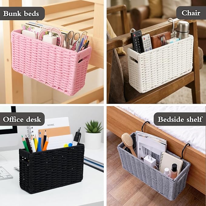 Cotton Rope Woven Bedside Caddy for Dorm Bed, Foldable Bedside Shelf Bunk Bed Accessories, College Dorm Room Essentials Hanging Organizers Storage Basket, Room Decor Magazine File Holder (Black)