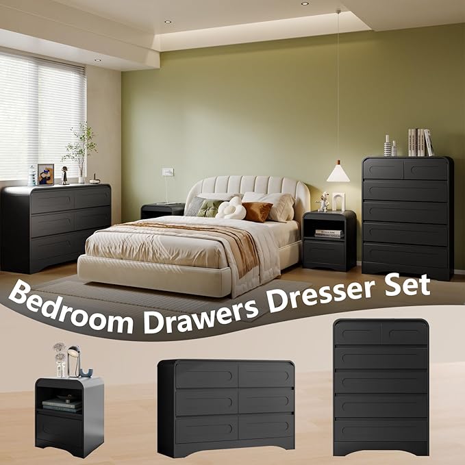 Tall Dressers for Bedroom, 6 Drawers Dresser & Chest of Drawers with Pre-Installed Slides&Curved Profile Design, Modern Closet Storage Wood Dressers Organizer for Living Room Hallway, Black