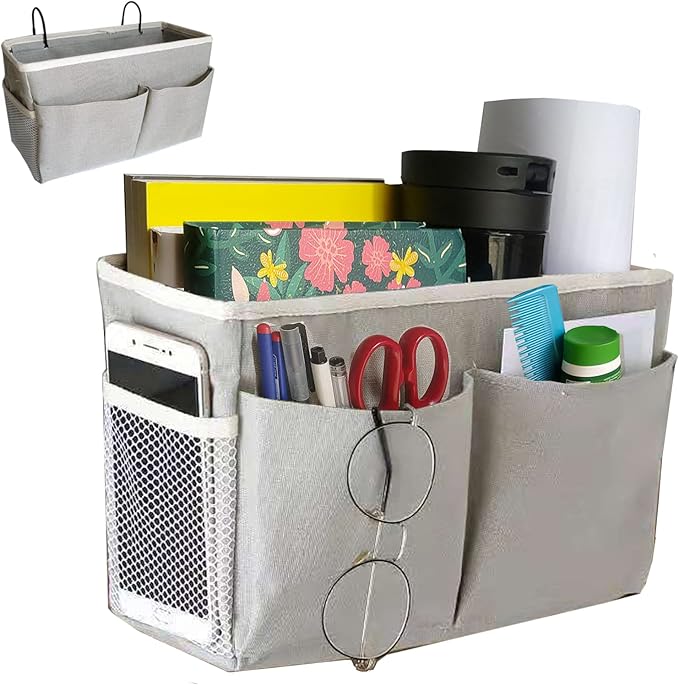 Someteth Bedside Caddy, Bedside Hanging Storage Organizer for College Dorm Bed, Bunk and Hospital Beds, Can be Placed Books, Phones,Keys, Glasses，Magazine Holder (Grey, 1)