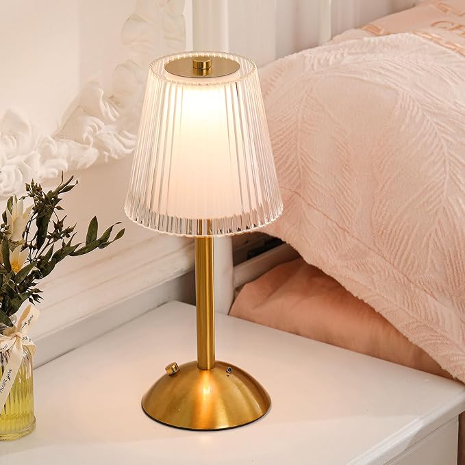 Liliful 2 Pcs Cordless Table Lamp Rechargeable Touch LED Small Gold Portable Battery Operated USB-c Desk Lamp 3 Color Dimmable for Bedroom Living Room Dining (Gold,Hollow Lined Style)