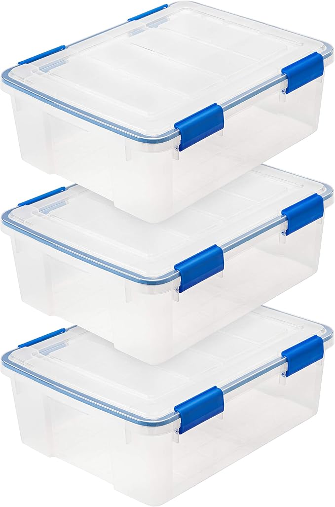 IRIS USA 26.5 Quart WEATHERPRO Plastic Storage Box with Durable Lid and Seal and Secure Latching Buckles, 3 Pack, Weathertight, Keep Pest Dust and Moisture Out, for Oversized Bulky Items, Clear/Blue