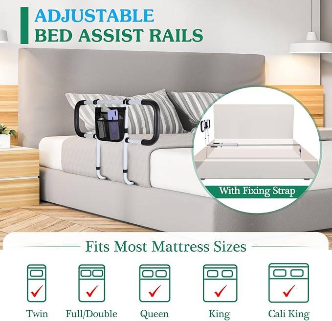 Bed Rails for Elderly Adults Safety - Extended Bed Assist Rail for Seniors - Adjustable Beds Side Rails Handle Support Bar Bed Guard with Storage Bag & Fixing Strap, Fit King Queen Full Twin Beds