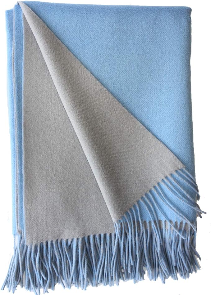 Alashan Cashmere Blend Double Faced Throw-Super Soft and Luxe Fabric- Perfect for Cozy Nights! 95% Merino Wool/5% Cashmere, 50" x 70", Great Gift Item. - Carolina Blue & Platinum