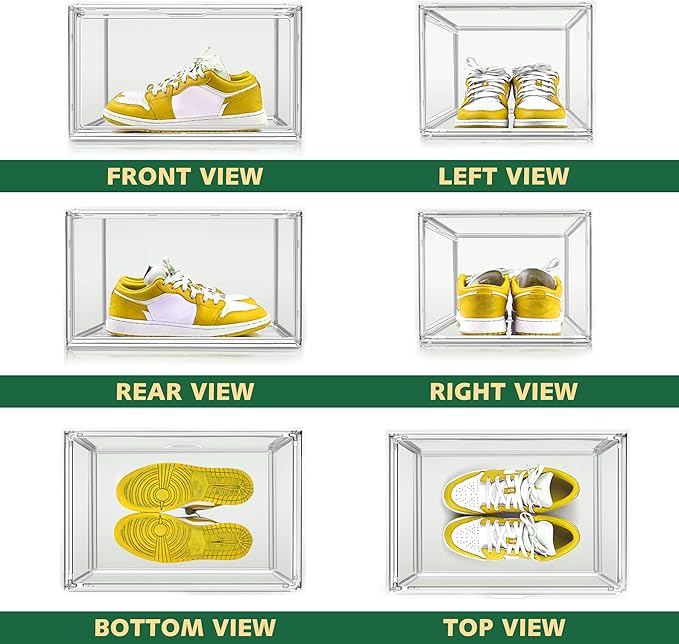 12 Pack X-Large Acrylic Display Case, Size 14 Clear Shoe Box Stackable Sneaker Display Case with Magnetic Lid Multipurpose Storage Bin for Closet for Purses, Handbags, Cosmetics, Collectibles