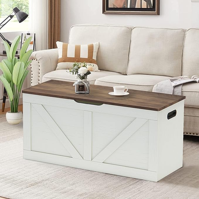 Timberer 39.4" Storage Chest, Wooden Storage Bench, Large Storage Trunk with 2 Safety Hinges, Entryway Shoes Bench for Living Room, Bedroom, Brown and Rustic White