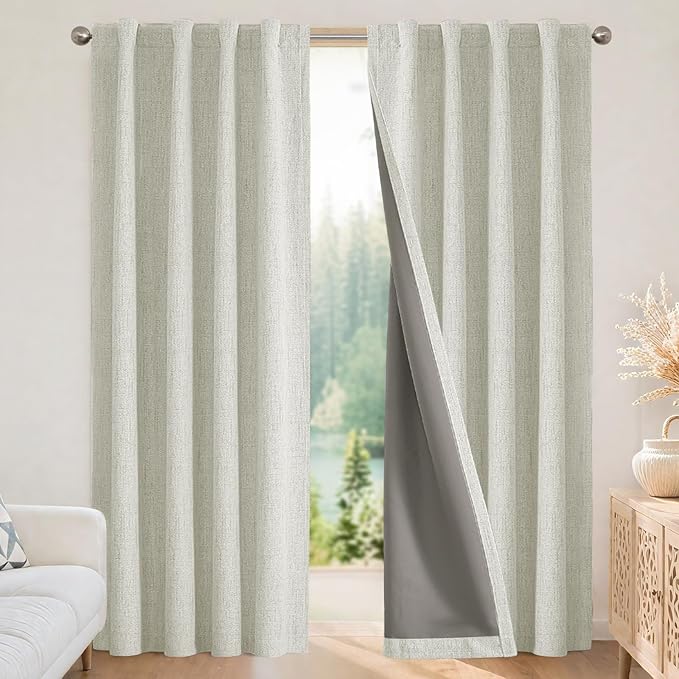 Joydeco Blackout Curtains for Bedroom - 100% Light Blocking 2 Panels Light Beige Drapes 37"W x 108"L, Thermal Insulated Room Darkening Curtains, Linen Textured for Living Room, Rod Pocket & Back Tabs