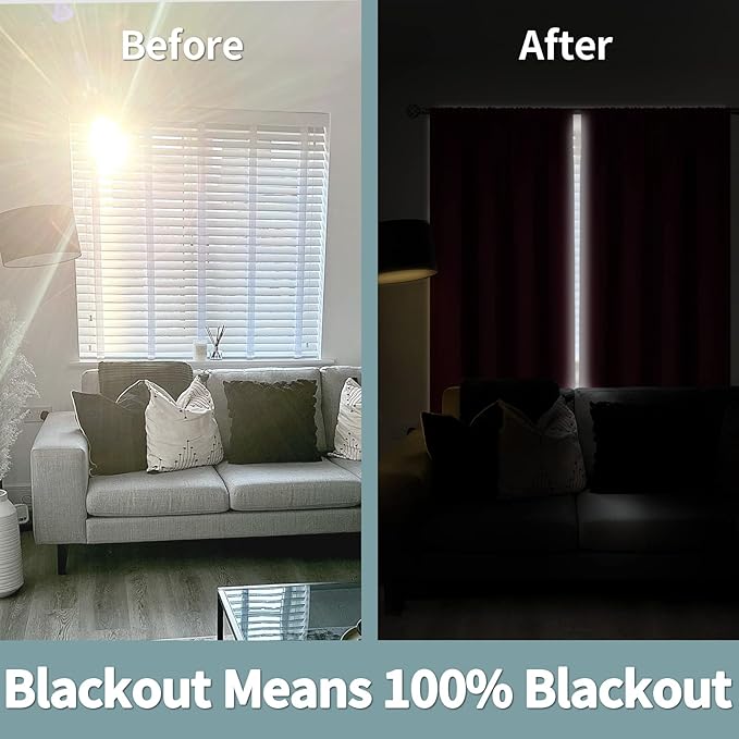 BGment Thermal Insulated 100% Blackout Curtains for Bedroom with Black Liner, Christmas Double Layer Full Room Darkening Noise Reducing Rod Pocket Curtain (52 x 54 Inch, Burgundy Red, 2 Panels)