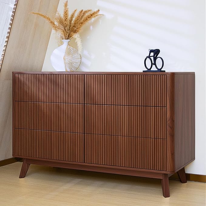 Fluted 6 Drawers Dresser for Bedroom,52" Wide Handleless Chest of Drawers with Faux Marble Top, Wooden Dresser TV Stand, Wood Drawer Organizer for Living Room, Hallway, Walnut