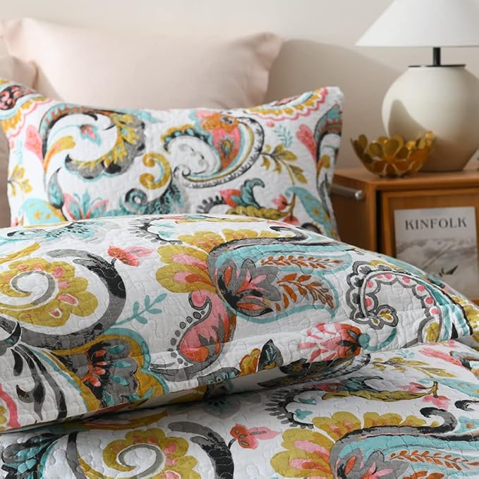 Cotton Bedspread Quilt Sets Reversible Bedding Coverlet Sets Comforter Paisley Floral Bedspread (White Paisley Floral, Queen Size)