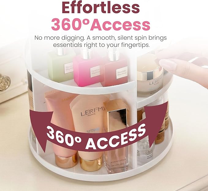 Masirs 360 Rotating Makeup Organizer - Adjustable Shelf Height and Fully Rotatable. The Perfect Cosmetic Organizer for Bedroom Dresser or Vanity Countertop. (White)