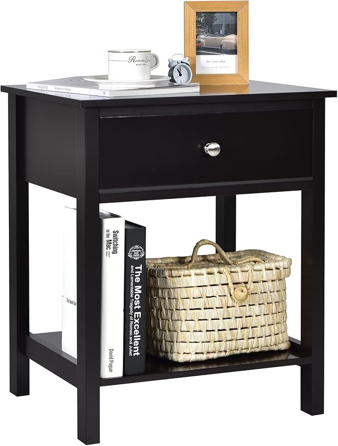 Giantex Nightstand, Wood End Table with Drawer and Open Shelf, Night Stand for Small Spaces, 2-Tier Bedside Table for Living Room Bedroom Dorm, Easy Assembly, Black