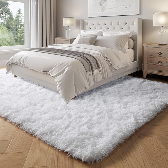 PAGISOFE Fluffy Shaggy Area Rug 5x8, Plush Rugs for Living Room, Fuzzy Rug for Nursery, Furry Rugs for Girls Boys Bedroom, Shag Carpet for Dorm Room, Soft Rug for Kids Playroom Decor,Office White