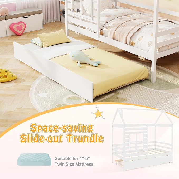 Giantex Twin House Bed with Trundle Bed Twin, Wooden Twin Bed Frames with Roof, Chimney & Window, Montessori House Bed with Safety Guardrails, House Trundle Bed for Kids, Boys, Girls, Teens (White)