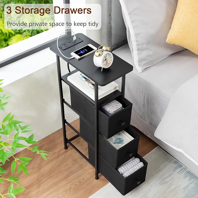 LOAKEKEL Narrow End Table Living Room with Charging Station, Skinny Side Table with Fabric Drawers, Slim Nightstand for Bedroom, Small Spaces, Couch, Black, HETNDP03BK-1