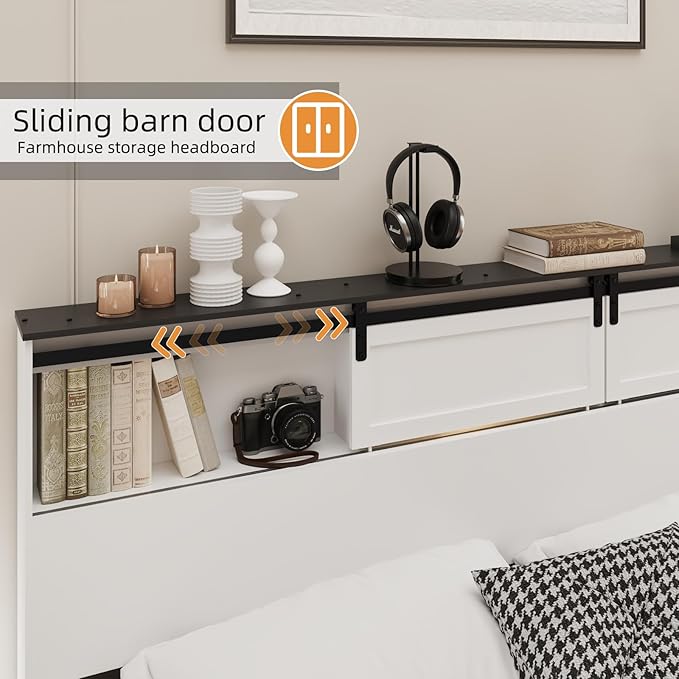 Queen Wood Bed Frame, Sliding Barn Door Storage Headboard with LED Lights and Charging Station, Farmhouse Wood Platform Bed with Metal Slat Supports, No Box Spring Required, Noiseless, White