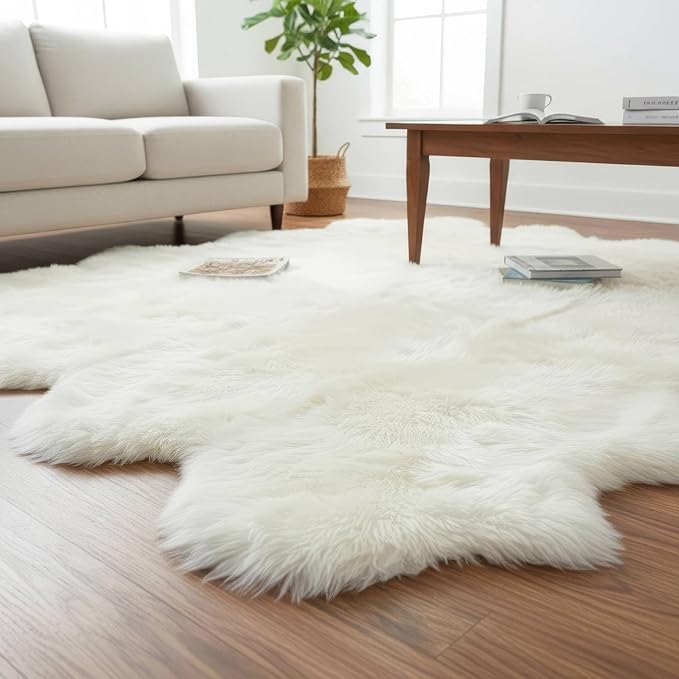 Genuine Extra Large Sheepskin Rug for Living Room/Bedroom - Super Soft Sheep Skin - Eight Pelt Natural Non-Dyed Fur with Skid Resistant Suede Backing, 6ft. x 8ft.