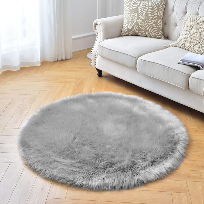 duduta Grey Faux Sheepskin Round Rug 4x4 ft, Fluffy Shag Fur Bedroom Nursery Kids Playroom Rug Dorm Decor Non Slip Washable
