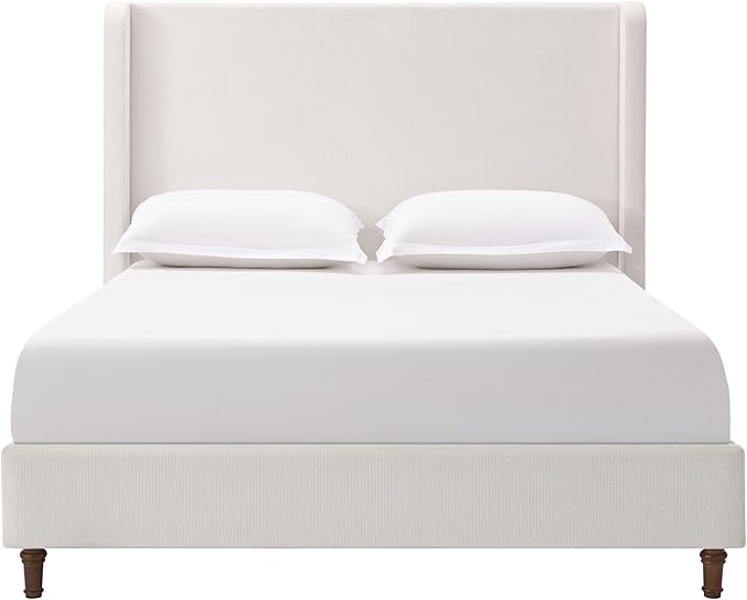 Upholstered Bed Frame with 54'' Nail Head Decorative Wing Back,Hand Buttoned Tufting Headboard Platform Bed Frame with Wooden Slats,No Box Spring Needed (Cream White, Queen)