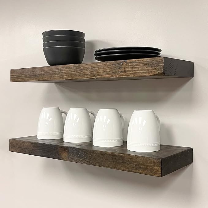URBANDI, Rustic Floating Shelves, Set of 2, Hidden Bracket, Solid Wood, Heavy Duty, Wall Mounted Shelves, (Dark Brown, 24Wx6D)