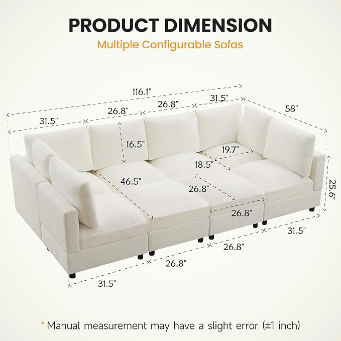 116'' Modular Sectional Cloud Sofa Bed, 8-Seater Convertible Sofa Couch with Ottoman, Modern Deep Seat Sleeper Sofa for Living Room, Chenille Beige