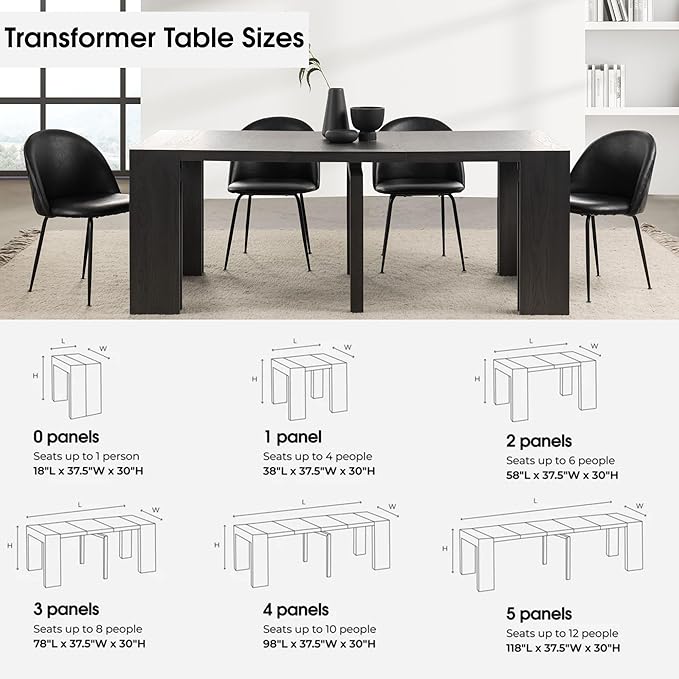 Transformer Table - Solid Wood Extendable Dining Table, Seats 2-12, Extendable Dining Room Table, Space-Saving Furniture, Expandable Dining Furniture (Black, Table + Bench)